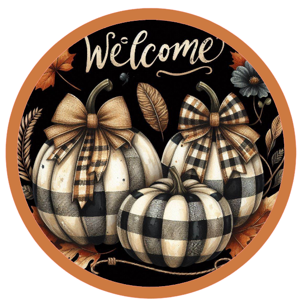 Pumpkins, plaid patterns, and 'Welcome' text 