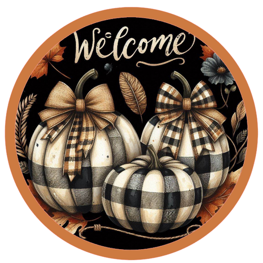Pumpkins, plaid patterns, and 'Welcome' text 