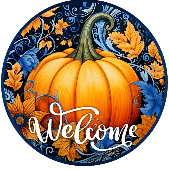 Pumpkin and autumn leaves on a blue background, featuring the word 'Welcome'.
