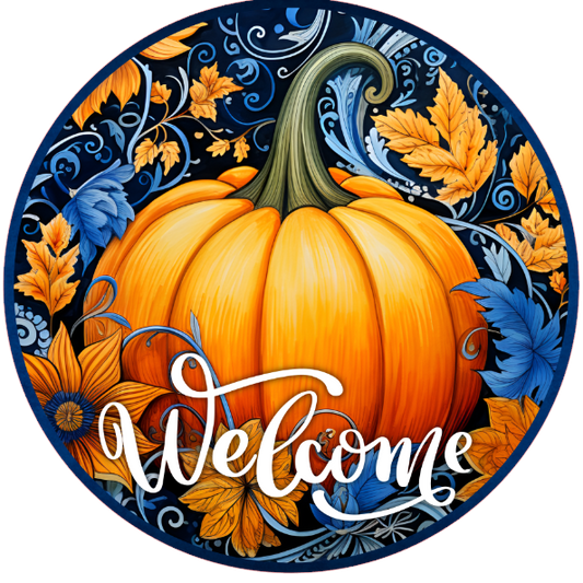Pumpkin and autumn leaves on a blue background, featuring the word 'Welcome'.