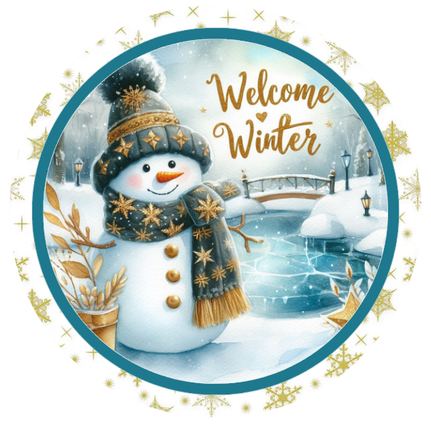 Snowman and 'Welcome Winter' text on a white background.