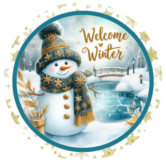 Snowman and 'Welcome Winter' text on a white background.