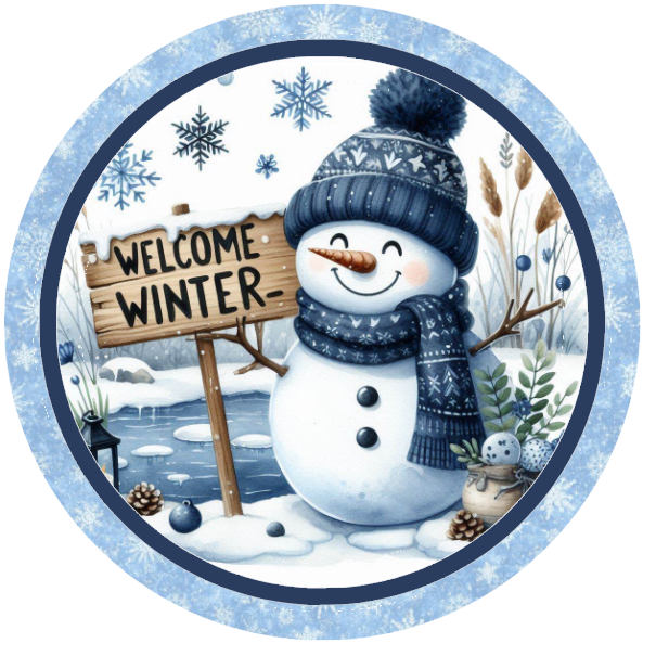 Winter-themed scene snowman and 'Welcome Winter' sign on a white background