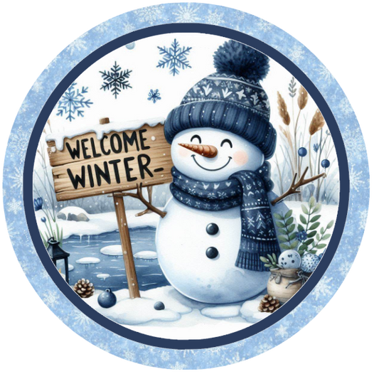 Winter-themed scene snowman and 'Welcome Winter' sign on a white background