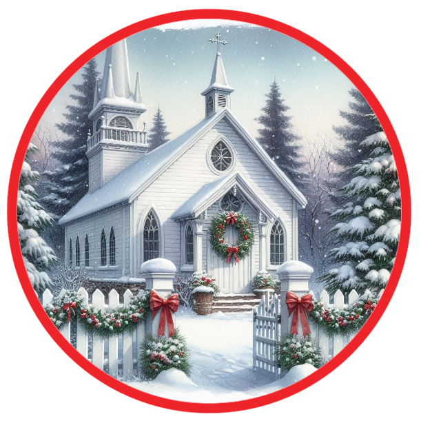 Snowy church scene with wreath and bows, framed by a red circle on a white background