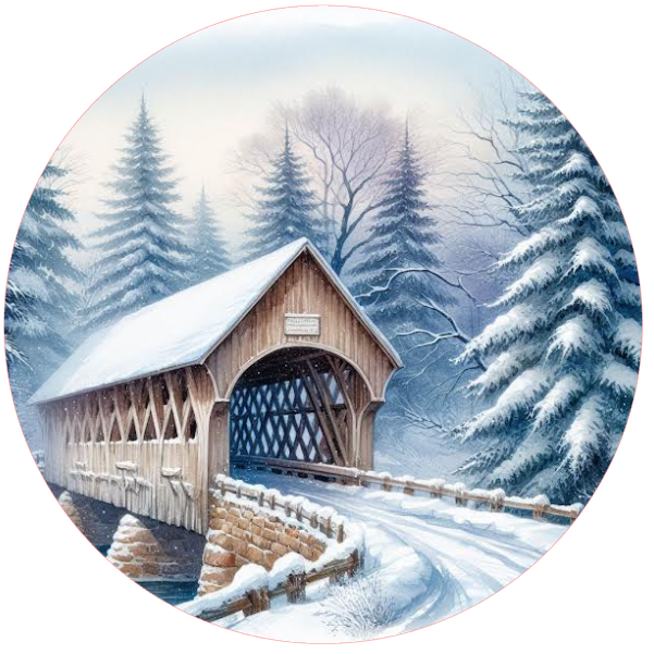 Winter scene with a covered bridge and snow-covered trees