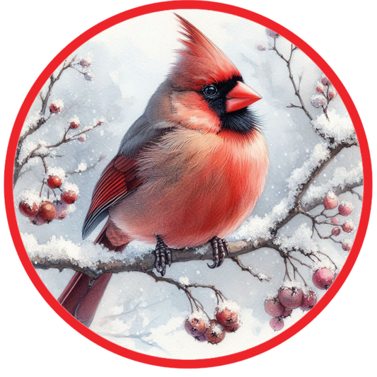 Cardinal bird on a branch with berries in a snowy background
