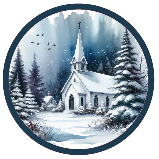 Winter scene with a church and trees in a circular frame on a white background