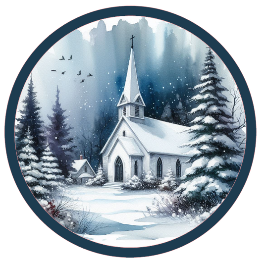 Winter scene with a church and trees in a circular frame on a white background