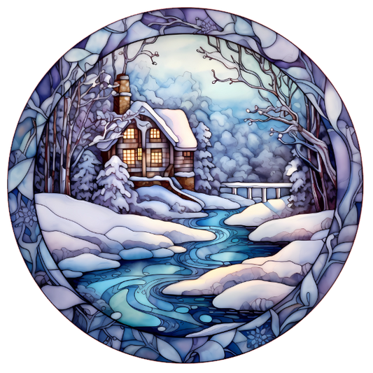 Winter scene with a cabin, snow-covered trees, and a river in a circular frame.