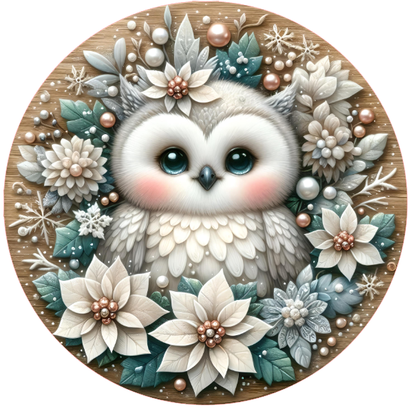 Illustration of an owl surrounded by flowers on a circular background