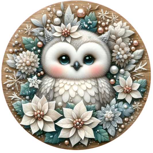 Illustration of an owl surrounded by flowers on a circular background