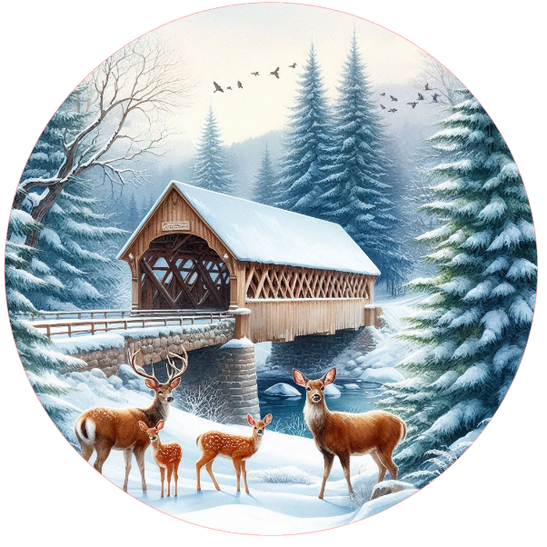 Winter scene with a covered bridge and deer in a snowy landscape