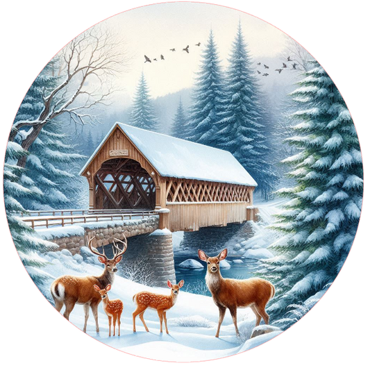 Winter scene with a covered bridge and deer in a snowy landscape