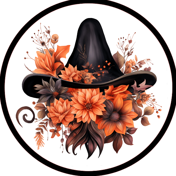 Halloween-themed design with a witch hat and flowers 