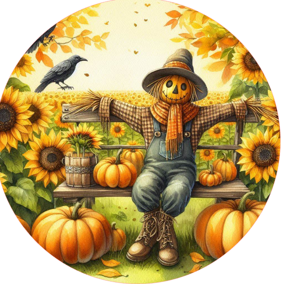 Scarecrow with pumpkins and sunflowers 