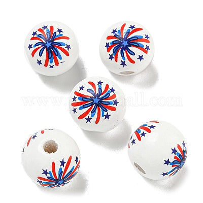 Decorative beads with with red, blue, and firework designs for crafting and wreath making. 