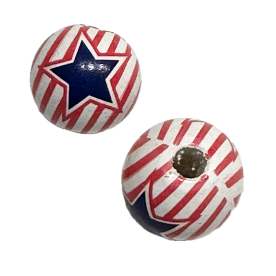 Painted wooden decorative beads with American flag designs for crafting and wreath making 