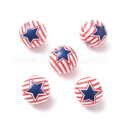 Painted wooden decorative beads with American flag designs for crafting and wreath making 