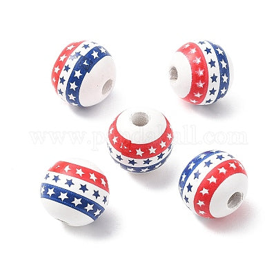 Painted wooden beads with American flag design for crafting and wreath making.