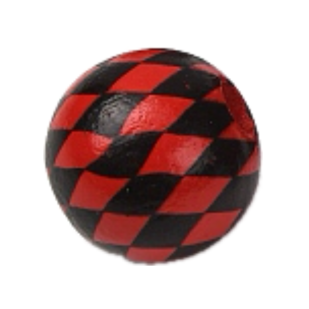 Red painted round wooden beads with a black harlequin design for crafting and wreath making carried by Monkey's Creations.