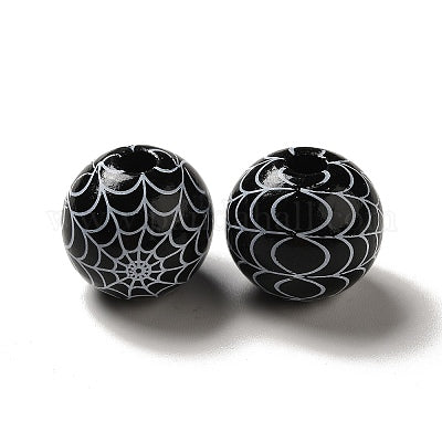 Painted black wooden beads with white spider webs for crafting and wreath making 