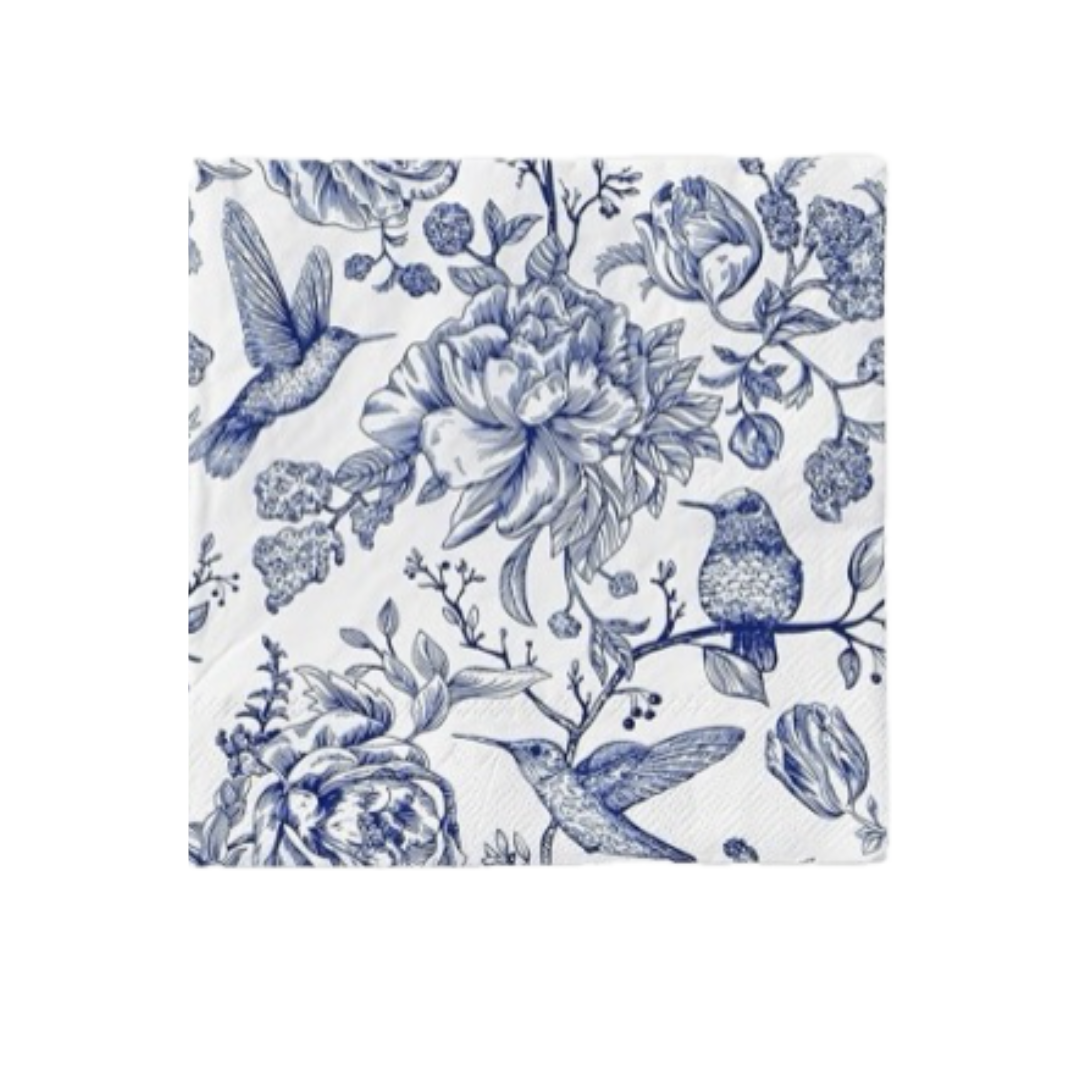 White chinoiserie napkin with blue floral and bird pattern 