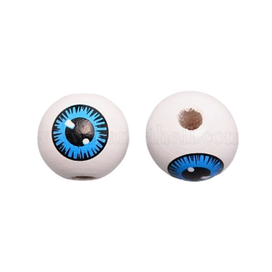 Painted white wooden beads with blue eyeballs for crafting and wreath making