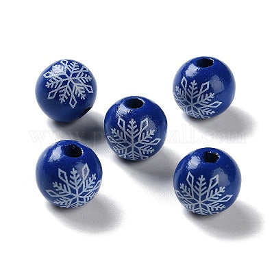Painted blue and white snowflake wooden beads for crafting and wreath making