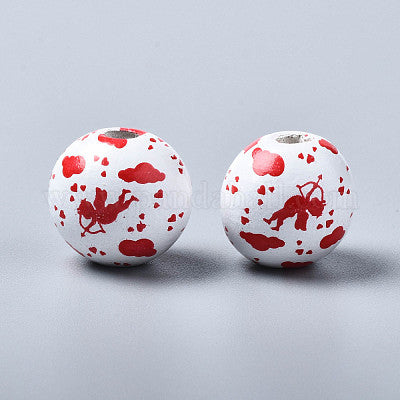 Painted white wooden bead with red clouds, red hearts and red cupids for crafting and wreath making