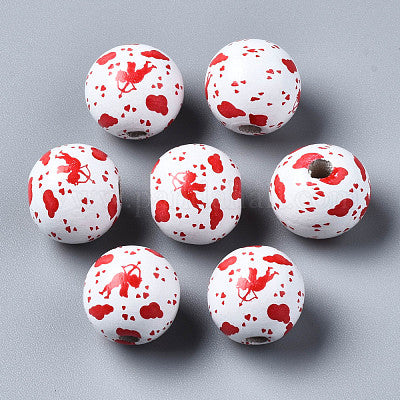 Painted white wooden bead with red clouds, red hearts and red cupids for crafting and wreath making