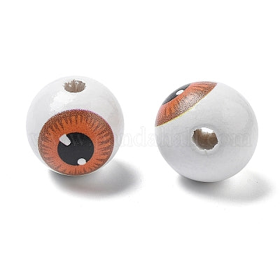 Painted white wooden beads with brown eyeballs for crafting and wreath making