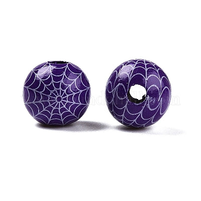Painted purple wooden beads with white spider webs for crafting and wreath making 