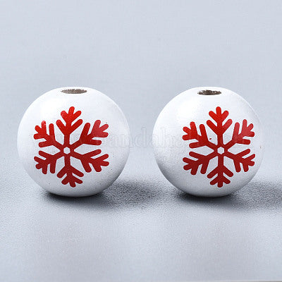 Painted white and red snowflake wooden beads for crafting and wreath making