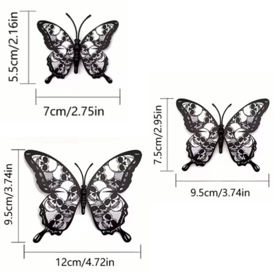 Sizing chart for black and white butterflies with skulls in shades of grey and white, wreath accent supplies carried by Monkey's Creations.
