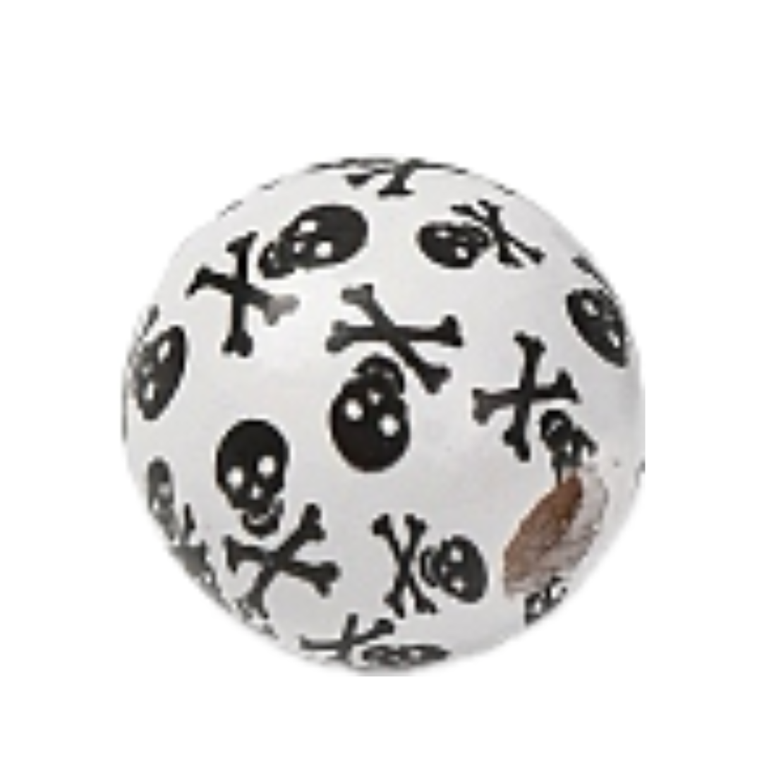 White painted round wooden beads with black skull and cross bones for crafting and wreath making carried by Monkey's Creations. 