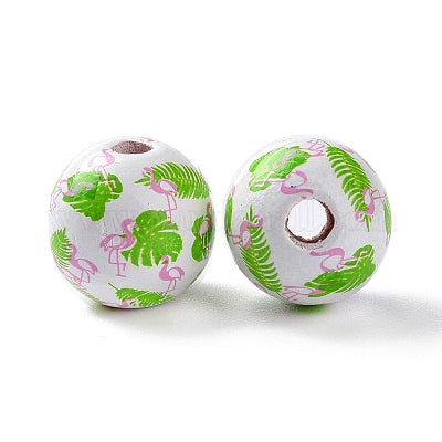 Painted white wooden beads with pink flamingos and palm fronds for crafting and wreath making 