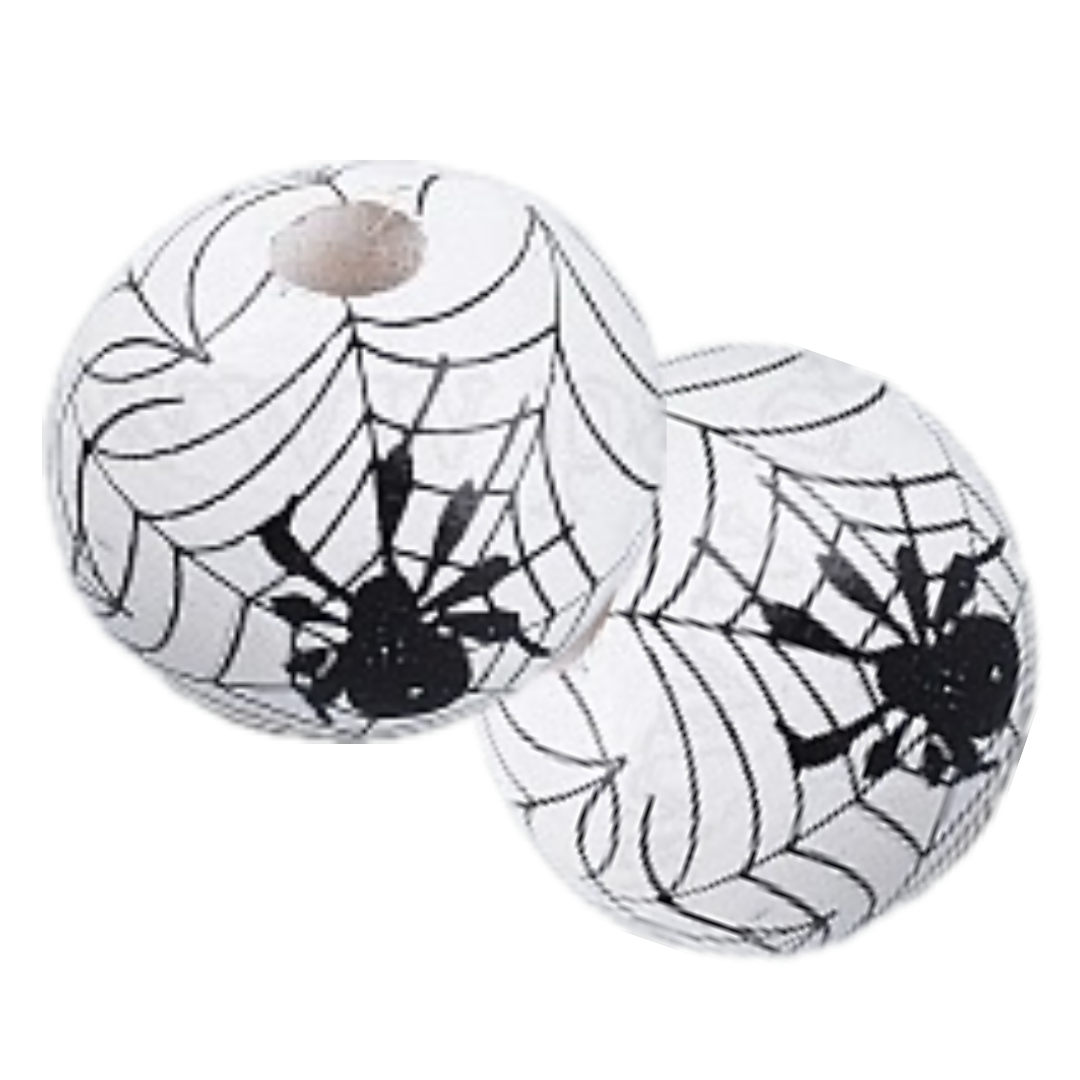 Painted white wooden beads with black cobwebs and spiders for crafting and wreath making. 
