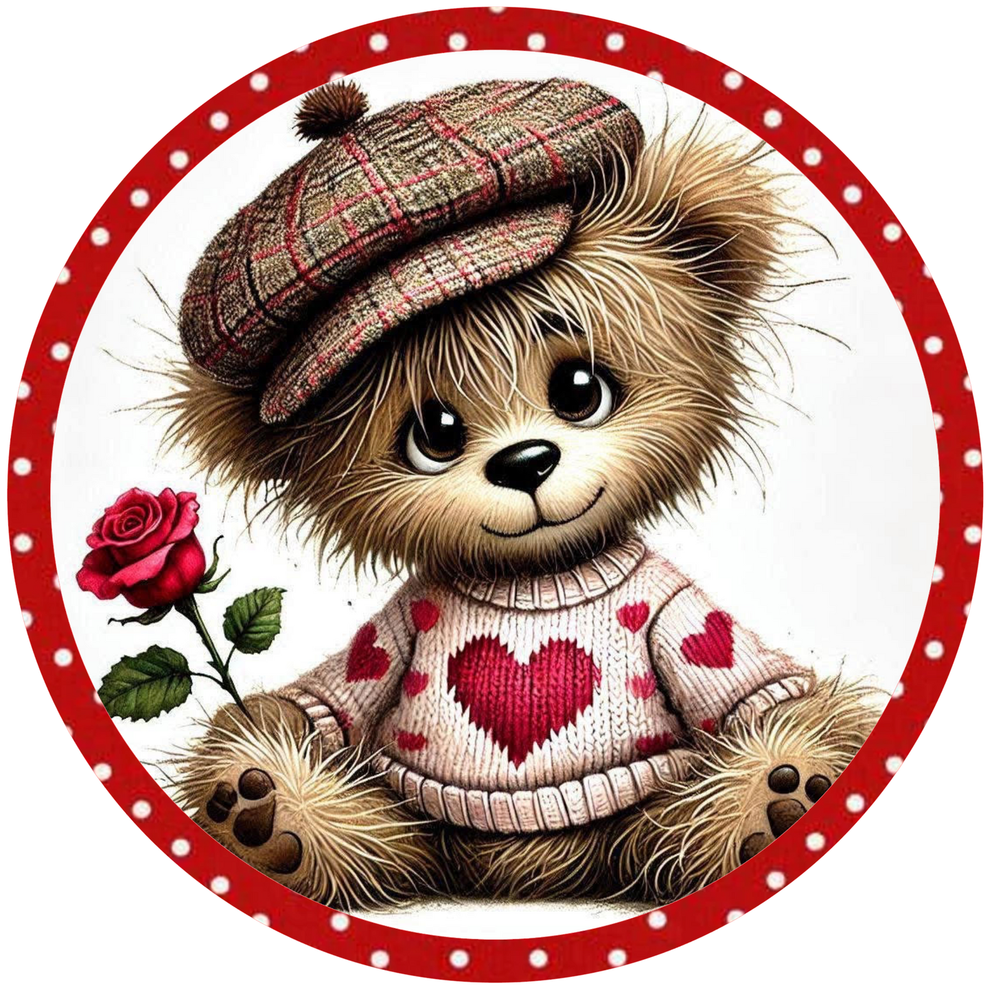 Round metal wreath sign with a teddy bear with a plaid hat and heart sweater holding a rose 
