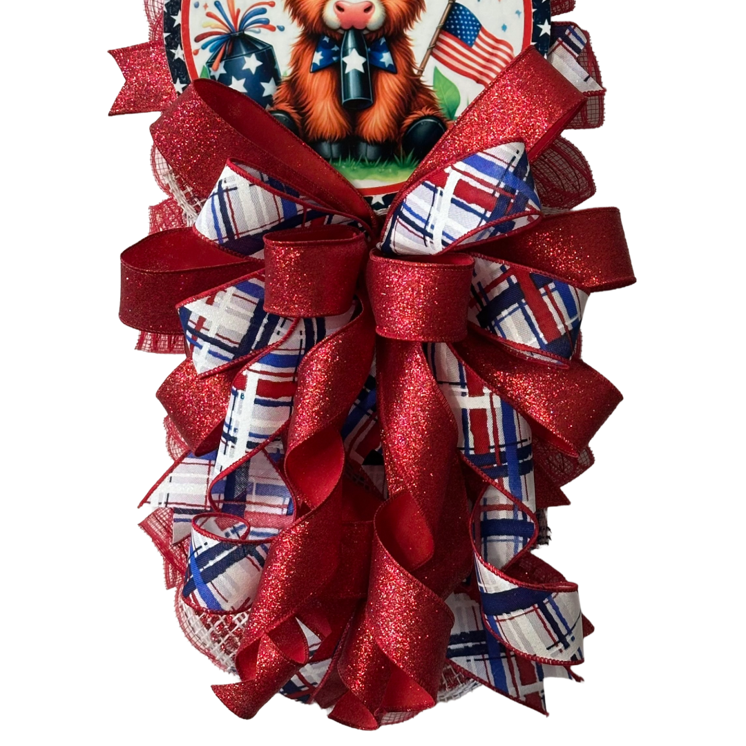 Decorative wreath with a cow illustration and US flag inspired red, white, and blue colors by Monkey's Creations