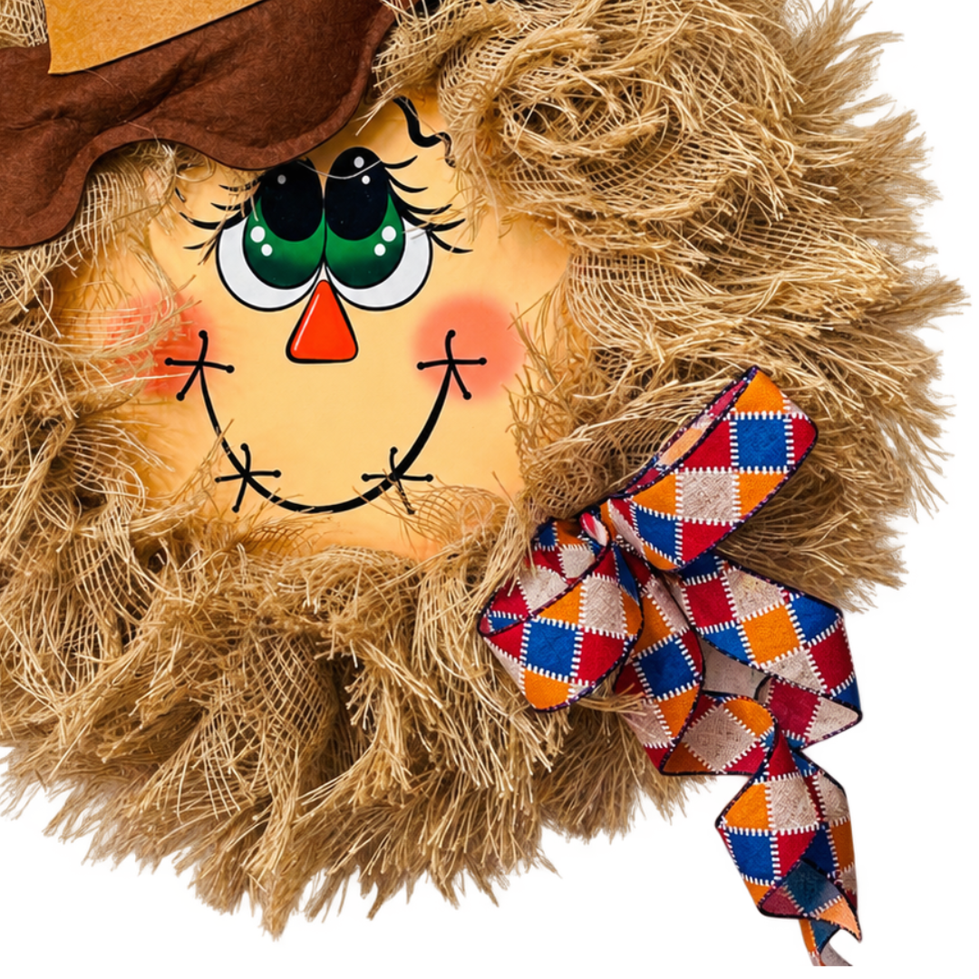 Deco mesh and ribbon scarecrow wreath featuring a scarecrow face wreath center, a brown hat, light brown (natural) frayed edge burlap deco mesh and a farmhouse inspired check ribbon bow by Monkey's Creations. 