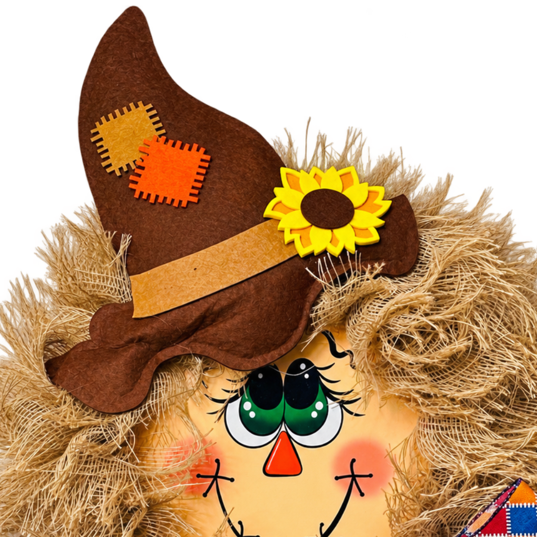 Deco mesh and ribbon scarecrow wreath featuring a scarecrow face wreath center, a brown hat, light brown (natural) frayed edge burlap deco mesh and a farmhouse inspired check ribbon bow by Monkey's Creations. 