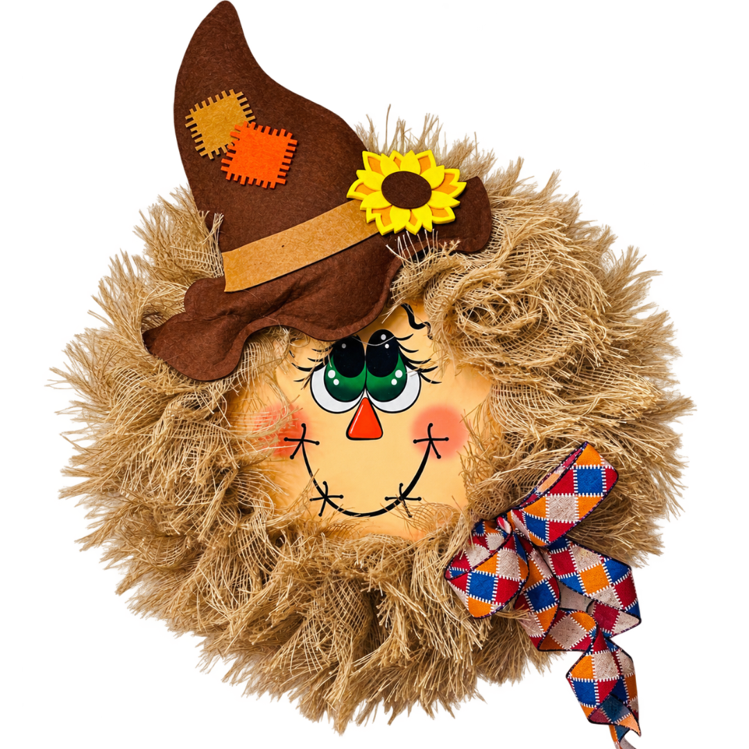 Deco mesh and ribbon scarecrow wreath featuring a scarecrow face wreath center, a brown hat, light brown (natural) frayed edge burlap deco mesh and a farmhouse inspired check ribbon bow by Monkey's Creations. 