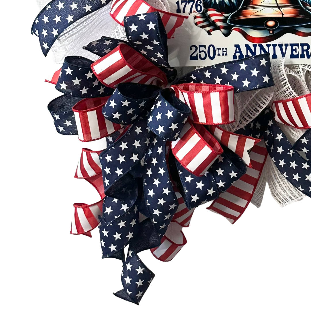 Patriotic wreath, USA 250th Anniversary metal sign, made with white deoc mesh, UITC wreath board, ribbon, zip ties by Monkey's Creations branding.