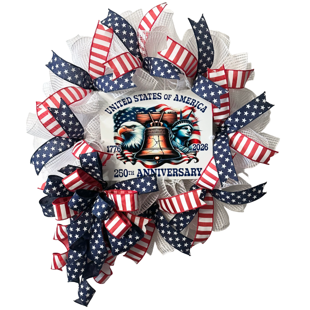 Patriotic wreath, USA 250th Anniversary metal sign, made with white deoc mesh, UITC wreath board, ribbon, zip ties by Monkey's Creations branding.
