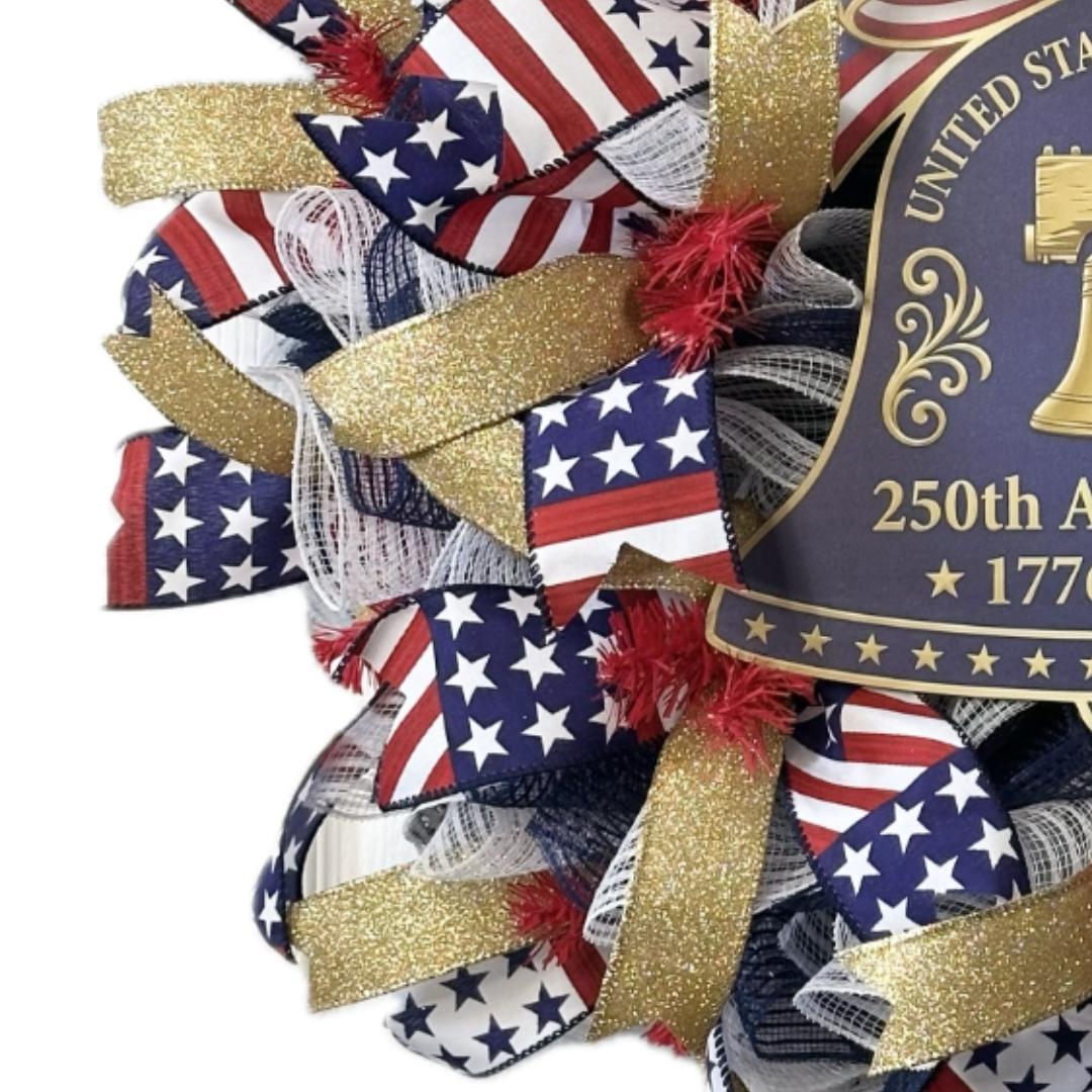 Patriotic wreath by Monkey's Creations with American flag colors and a 250th anniversary Liberty Bell sign 