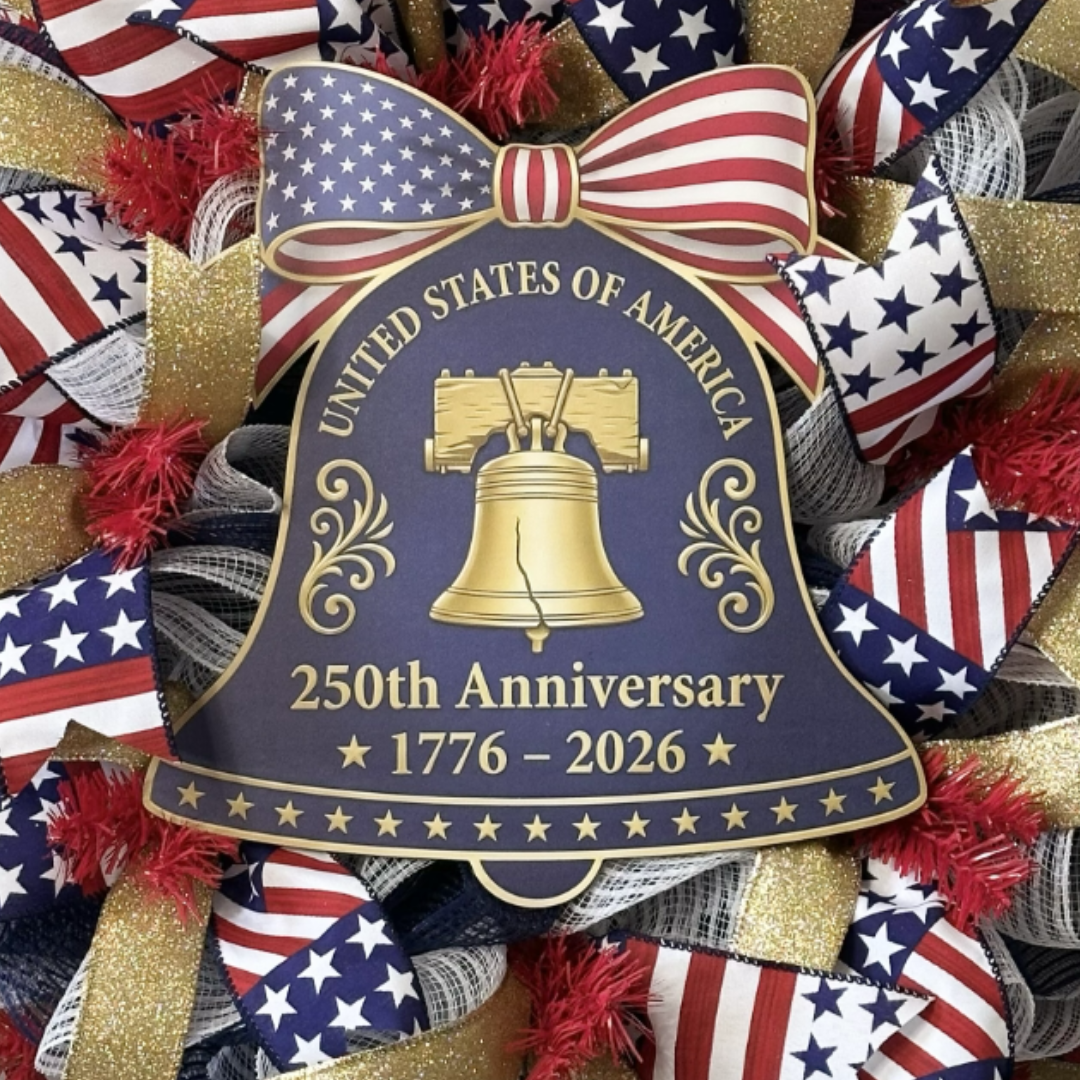 Patriotic wreath by Monkey's Creations with American flag colors and a 250th anniversary Liberty Bell sign 