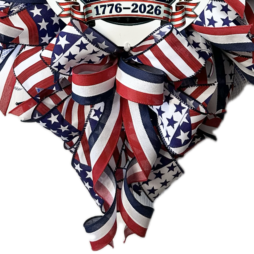 Patriotic wreath with American flag colors and a 250th anniversary wreath sign by Monkey's Creations
