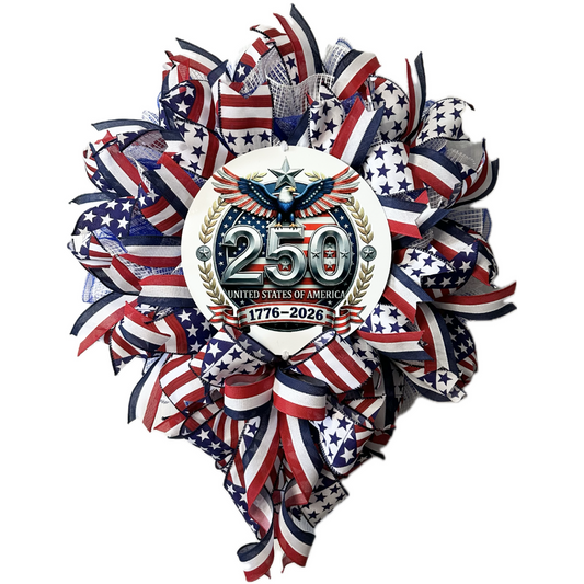 Patriotic wreath with American flag colors and a 250th anniversary wreath sign by Monkey's Creations