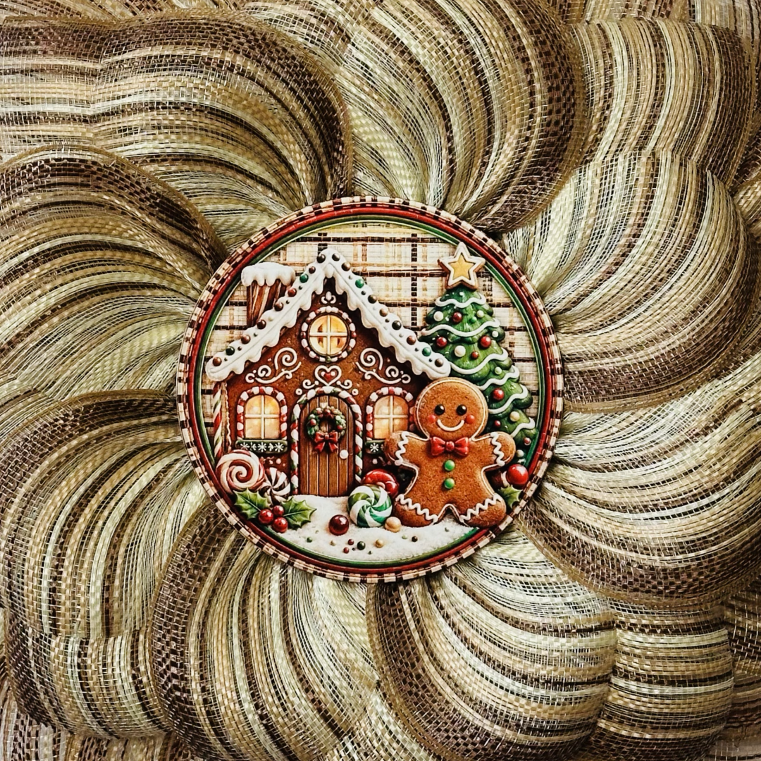 Warm tan, creme and brown tone deco mesh flower wreath featuring a 3D gingerbread house and cookie center for Christmas by Monkey's Creations.  
